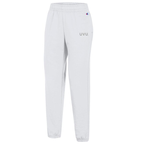 white jogger sweats with a tie on the inside of the waist band and a small tan embroidered UVU on the left thigh